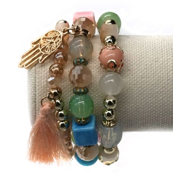 🎉HOST PICK 🎉 Bracelet Colored Beads Hamsa Charm Orange Tassel Gold Bead Capping. - Picture 2 of 2